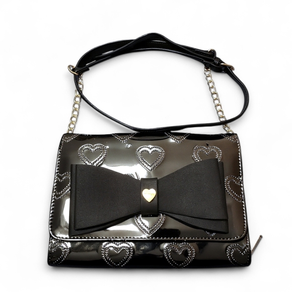 Betsey Johnson Handbags - Betsy Johnson Black Bow Crossbody Bag | floral interior | Gold-tone
